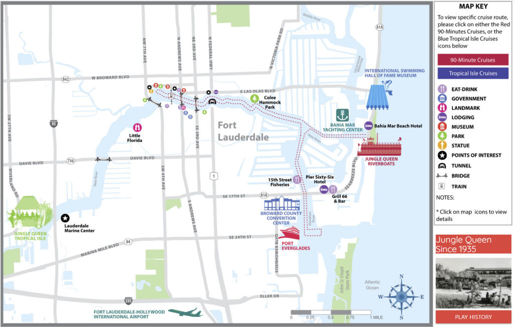 Map of downtown Ft Lauderdale showing the points of interest on the cruises